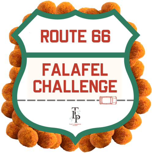 Route 66 Falafel Challenge graphic with highway-style sign over a background of falafel and That Lebanese Place logo.